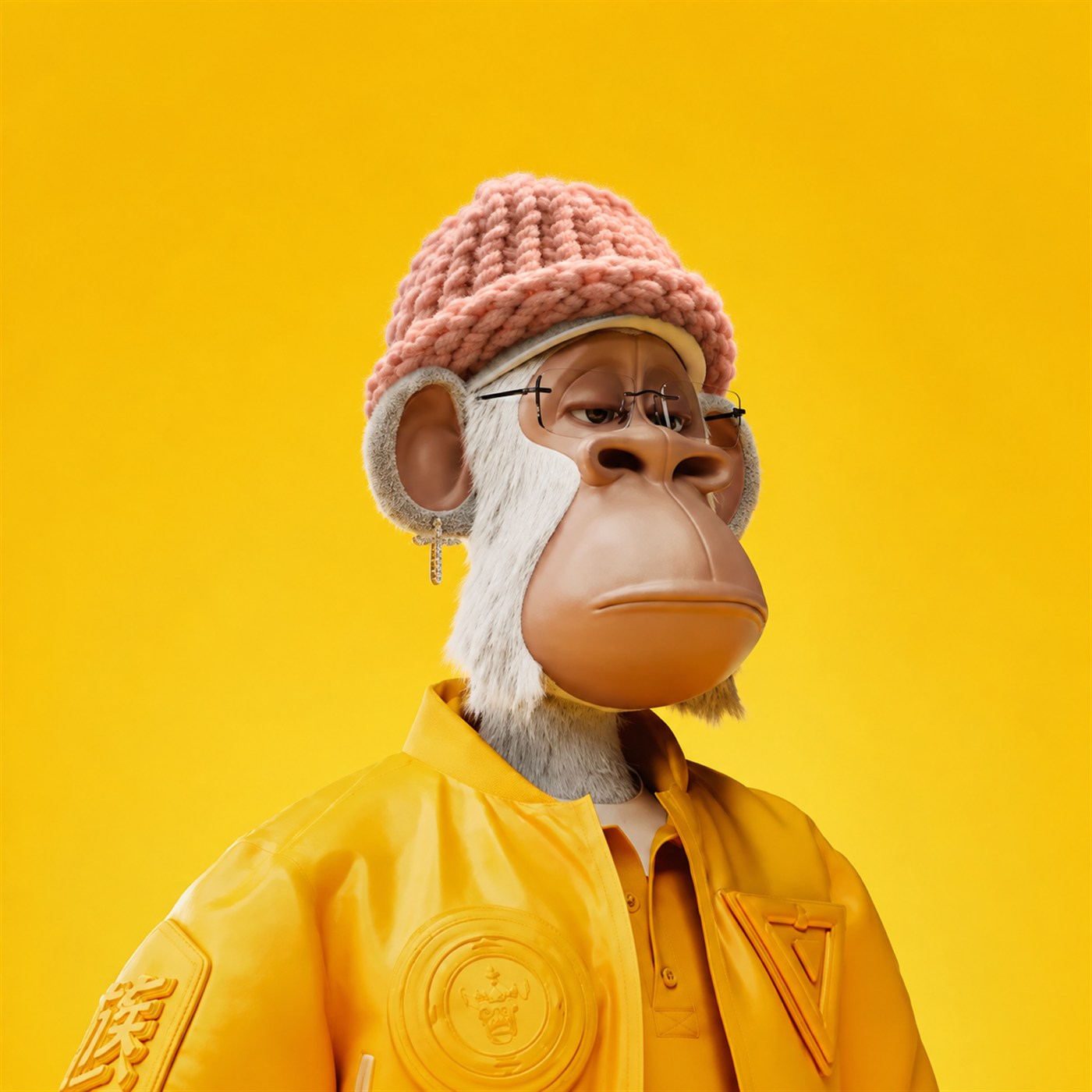 APEWIF ape in a pink knitted beanie and golden jacket